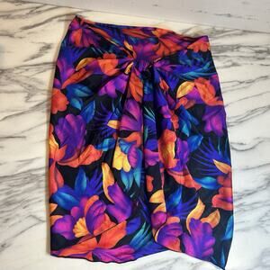 Vintage Vibrant Floral 80s Sarong Swimsuit Beach Skirt Coverup Open Sz 28-29